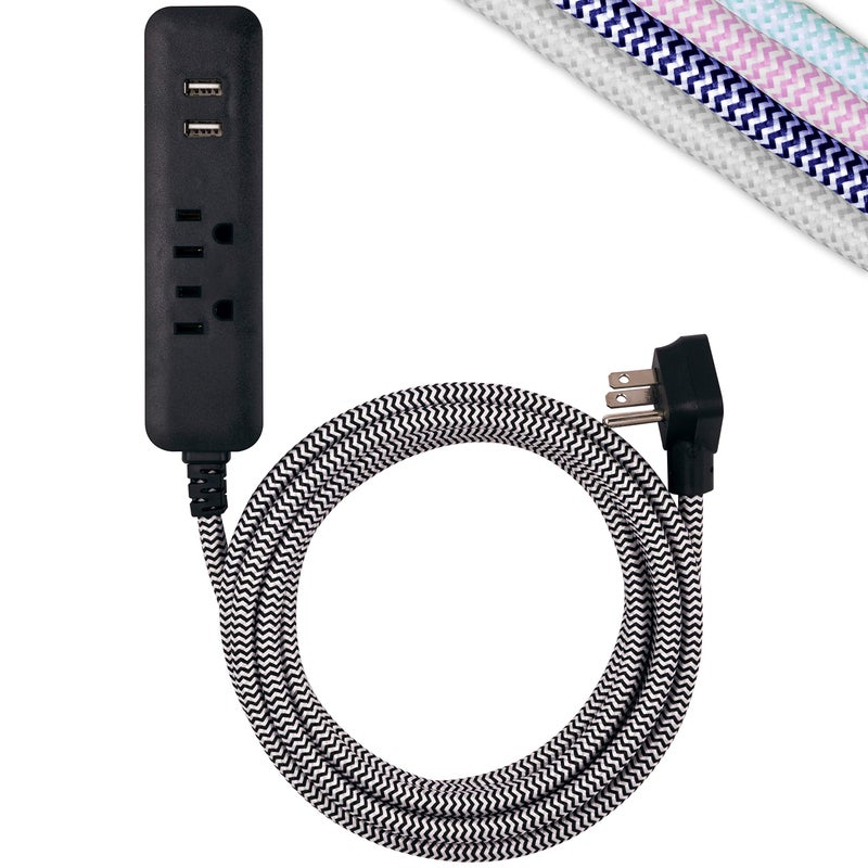 Cordinate Designer USB Charging Station Extension Cord, Power Strip Surge Protector, 2 Outlets, 2 USB Ports, Extra Long 10 ft Cable with Flat Plug, Braided Cord, 2.4A Fast Charge, Black/White, 41885 - Image 1